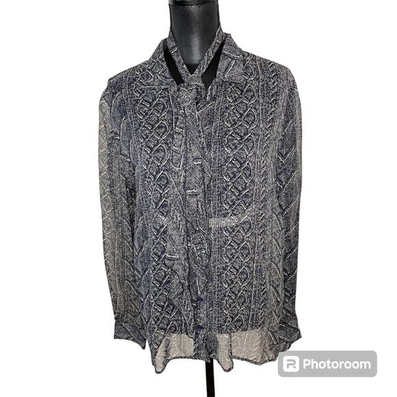 Vintage Valentino Top Miss V Print Silk Button Down Vtg Sheer Blue Beige XS - Picture 1 of 12